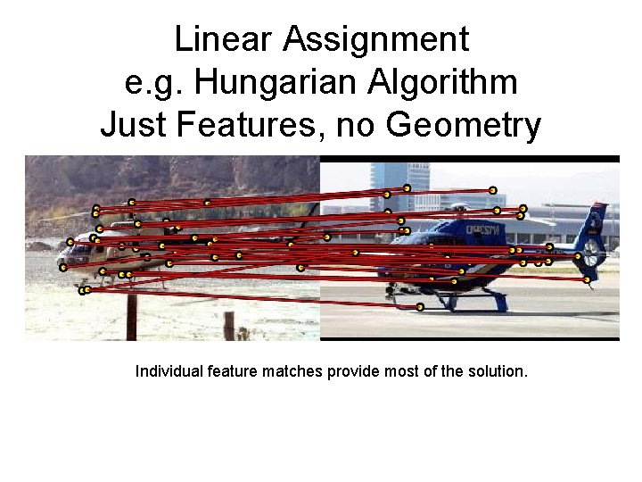 Linear Assignment e. g. Hungarian Algorithm Just Features, no Geometry Individual feature matches provide
