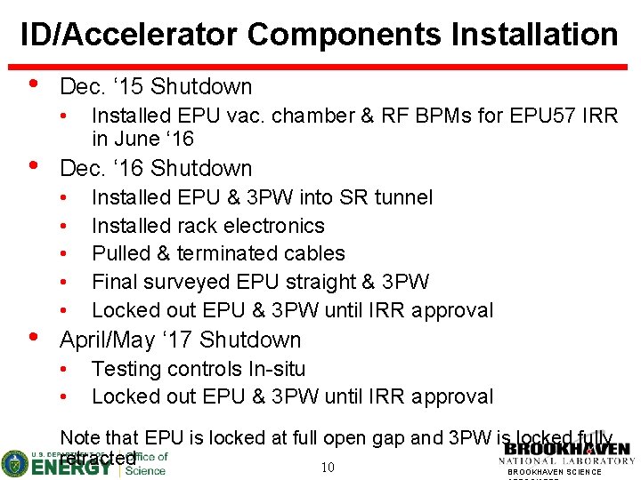 ID/Accelerator Components Installation • Dec. ‘ 15 Shutdown • • • Installed EPU vac.