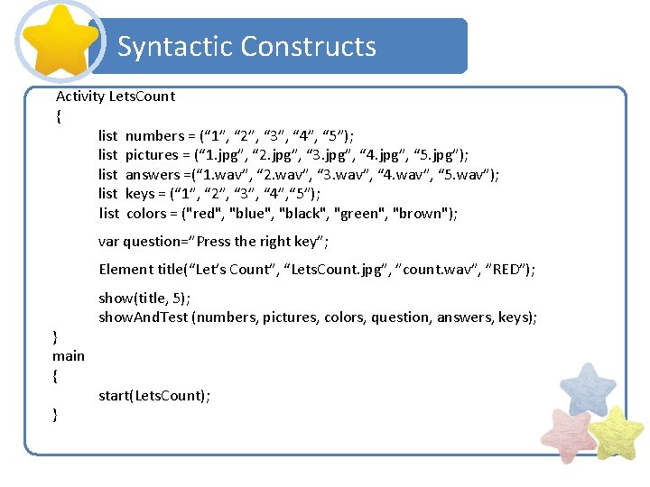 Syntactic Constructs Activity Lets. Count { list numbers = (“ 1”, “ 2”, “