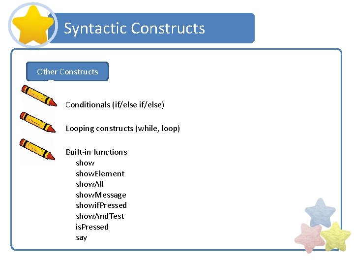 Syntactic Constructs Other Constructs Conditionals (if/else) Looping constructs (while, loop) Built-in functions show. Element
