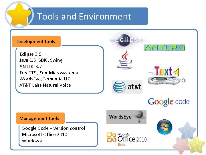Tools and Environment Development tools Eclipse 3. 5 Java 1. 6 SDK , Swing