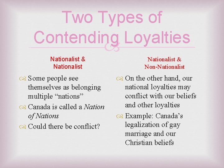 Two Types of Contending Loyalties Nationalist & Nationalist Some people see themselves as belonging