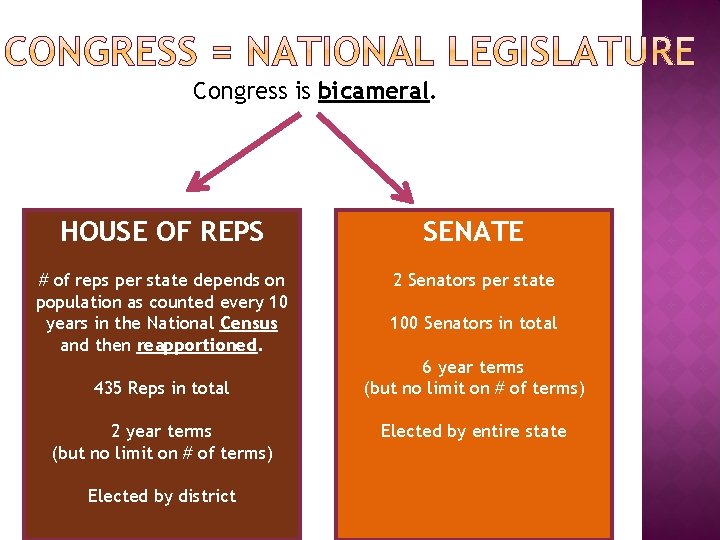 Congress is bicameral. HOUSE OF REPS SENATE # of reps per state depends on