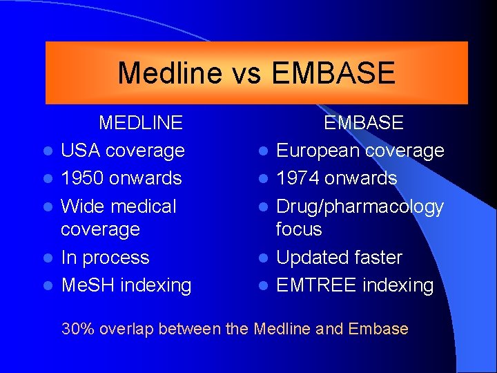 EMBASE <>EMBASE Medline vs l l l MEDLINE USA coverage 1950 onwards Wide medical