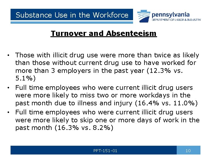 Substance Use in the Workforce Turnover and Absenteeism • Those with illicit drug use