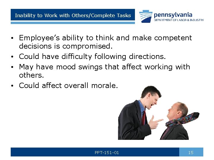 Inability to Work with Others/Complete Tasks • Employee’s ability to think and make competent