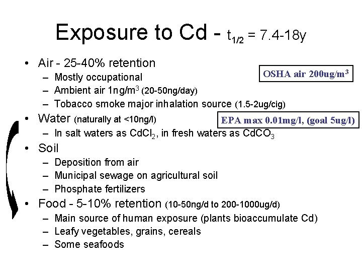 Exposure to Cd - t 1/2 = 7. 4 -18 y • Air -