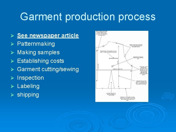 Garment production process Ø Ø Ø Ø See newspaper article Patternmaking Making samples Establishing