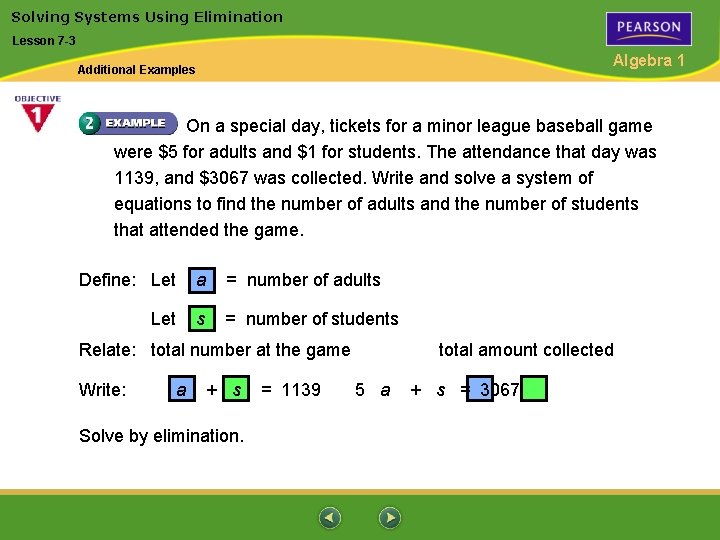 Solving Systems Using Elimination Lesson 7 -3 Algebra 1 Additional Examples On a special