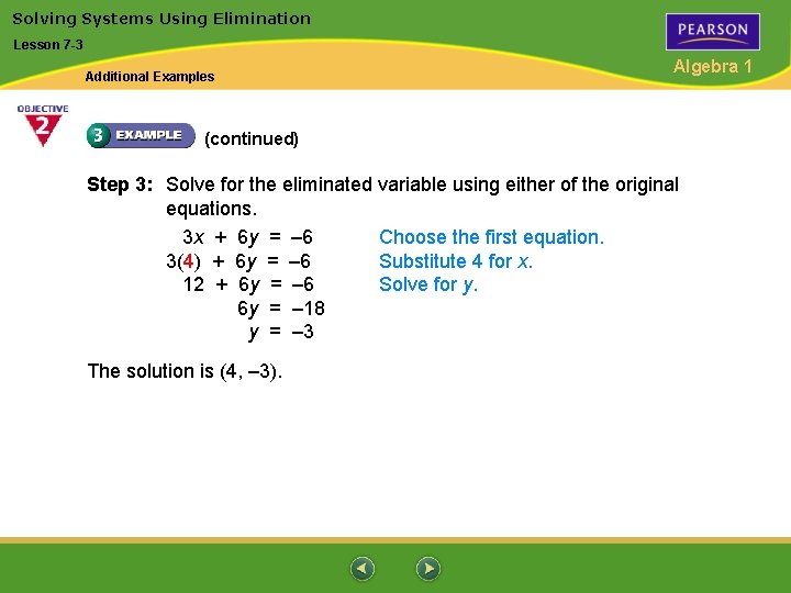 Solving Systems Using Elimination Lesson 7 -3 Additional Examples Algebra 1 (continued) Step 3: