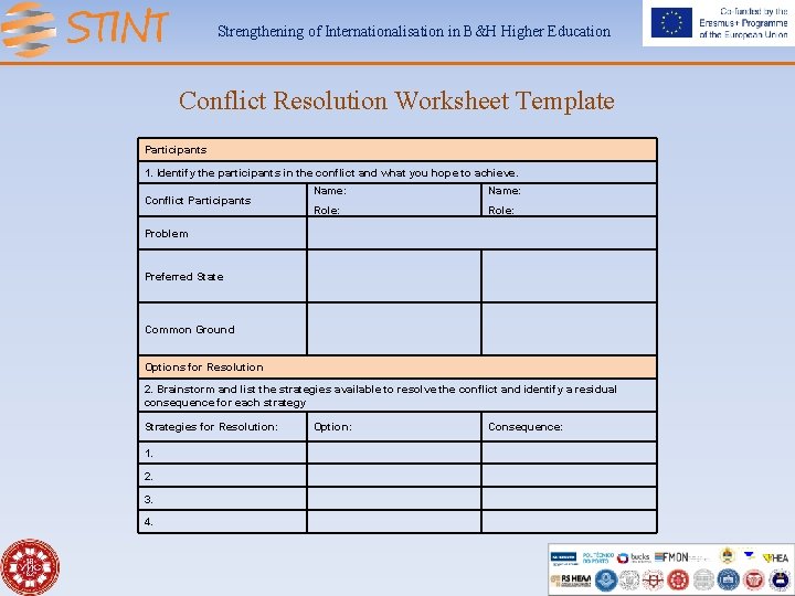 Strengthening of Internationalisation in B&H Higher Education Conflict Resolution Worksheet Template Participants 1. Identify