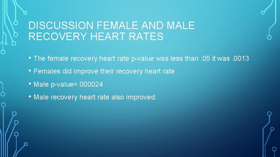 DISCUSSION FEMALE AND MALE RECOVERY HEART RATES • The female recovery heart rate p-value