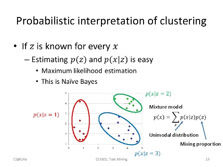 Probabilistic interpretation of clustering • Mixture model Unimodal distribution Mixing proportion CS@UVa CS 6501:
