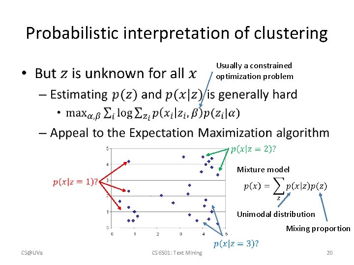Probabilistic interpretation of clustering Usually a constrained optimization problem • Mixture model Unimodal distribution