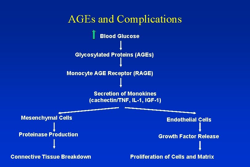 AGEs and Complications Blood Glucose Glycosylated Proteins (AGEs) Monocyte AGE Receptor (RAGE) Secretion of