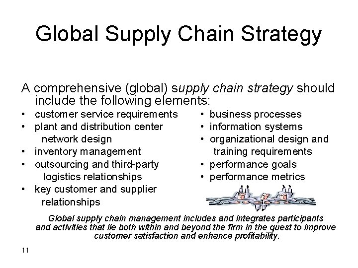 Global Supply Chain Strategy A comprehensive (global) supply chain strategy should include the following