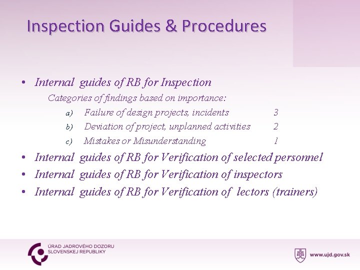 Inspection Guides & Procedures • Internal guides of RB for Inspection Categories of findings