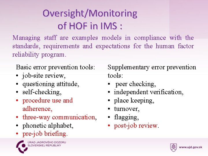 Oversight/Monitoring of HOF in IMS : Managing staff are examples models in compliance with