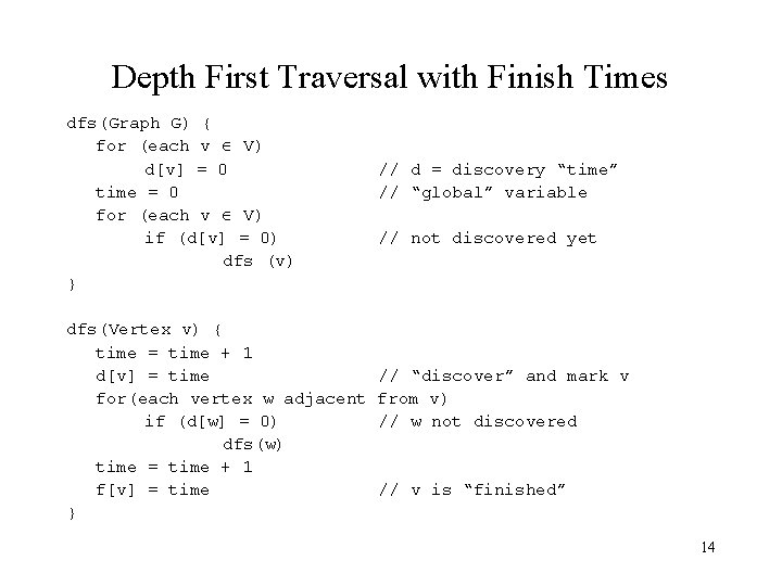 Depth First Traversal with Finish Times dfs(Graph G) { for (each v V) d[v]