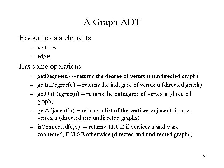 A Graph ADT Has some data elements – vertices – edges Has some operations