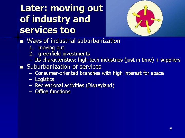 Later: moving out of industry and services too n Ways of industrial suburbanization n
