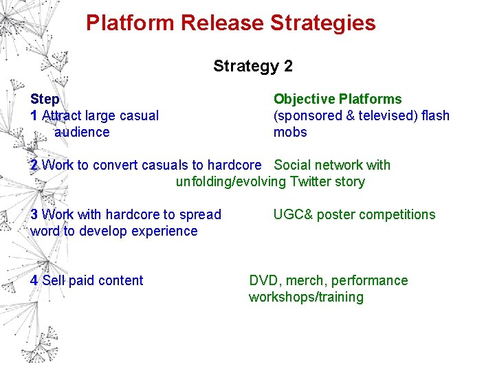 Platform Release Strategies Strategy 2 Step 1 Attract large casual audience Objective Platforms (sponsored