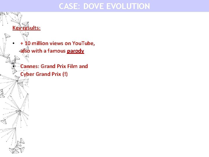 CASE: DOVE EVOLUTION Key results: • + 10 million views on You. Tube, also