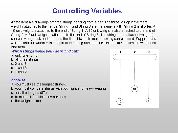 Controlling Variables At the right are drawings of three strings hanging from a bar.