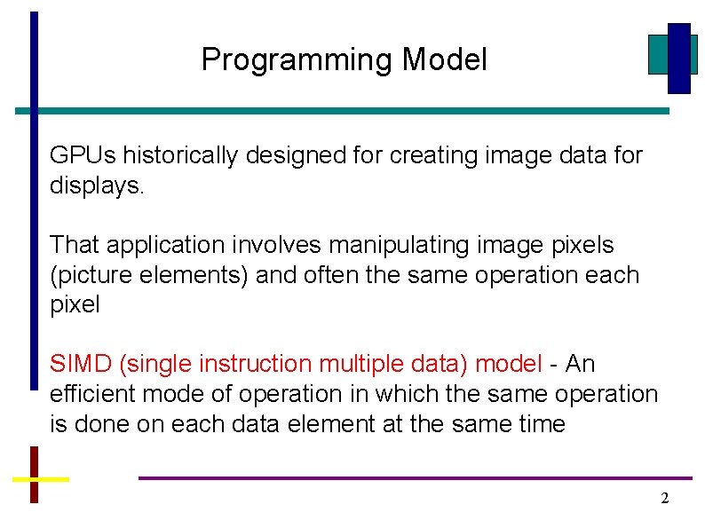 Programming Model GPUs historically designed for creating image data for displays. That application involves