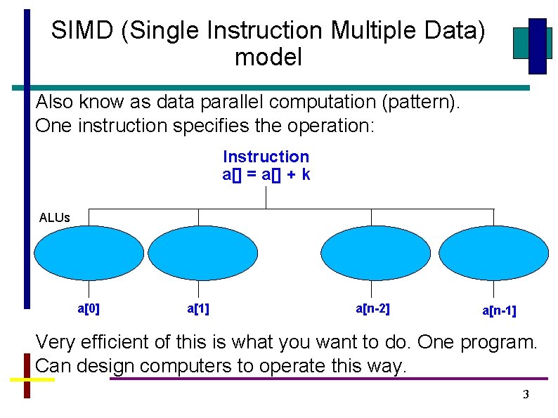 SIMD (Single Instruction Multiple Data) model Also know as data parallel computation (pattern). One