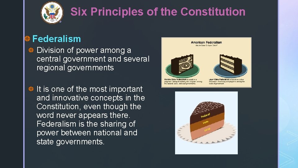 z Six Principles of the Constitution Federalism Division of power among a central government