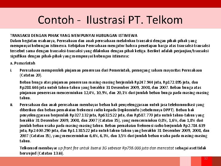 Contoh - Ilustrasi PT. Telkom TRANSAKSI DENGAN PIHAK YANG MEMPUNYAI HUBUNGAN ISTIMEWA Dalam kegiatan