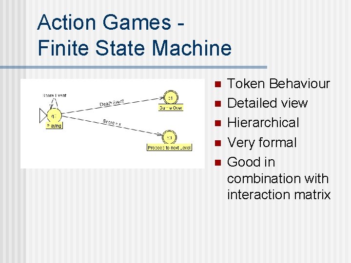 Action Games Finite State Machine n n n Token Behaviour Detailed view Hierarchical Very