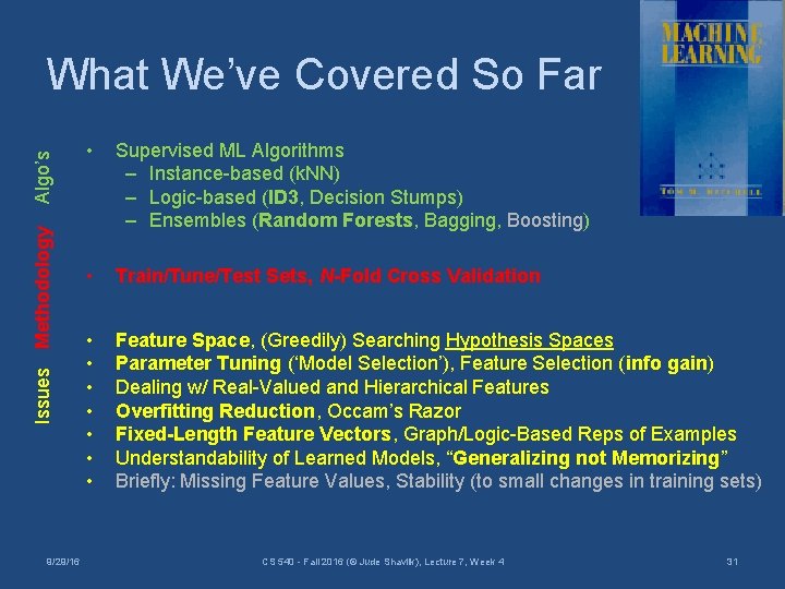 Issues Methodology Algo’s What We’ve Covered So Far 9/29/16 • Supervised ML Algorithms –