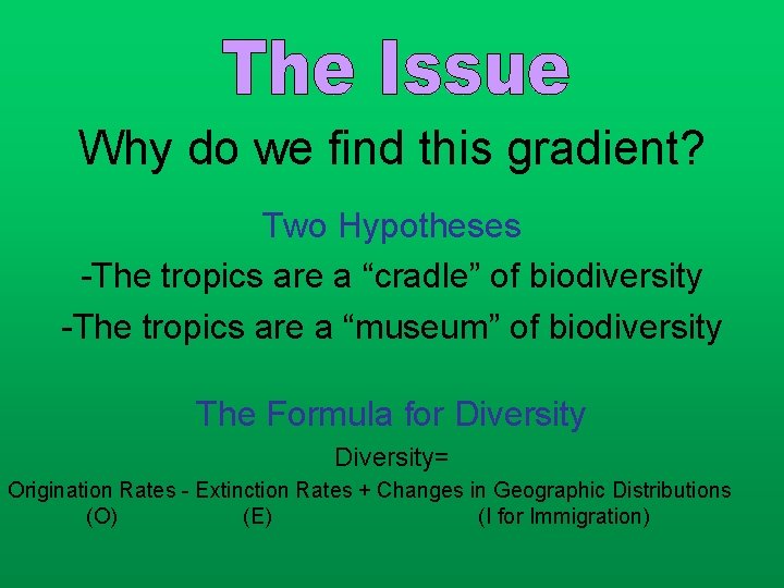 Why do we find this gradient? Two Hypotheses -The tropics are a “cradle” of