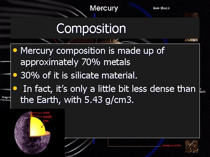  Composition • Mercury composition is made up of approximately 70% metals • 30%