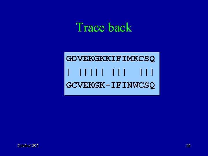 Trace back GDVEKGKKIFIMKCSQ | ||||| ||| GCVEKGK-IFINWCSQ October 2 K 5 26 