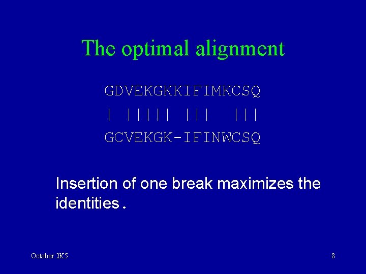 The optimal alignment GDVEKGKKIFIMKCSQ | ||||| ||| GCVEKGK-IFINWCSQ Insertion of one break maximizes the