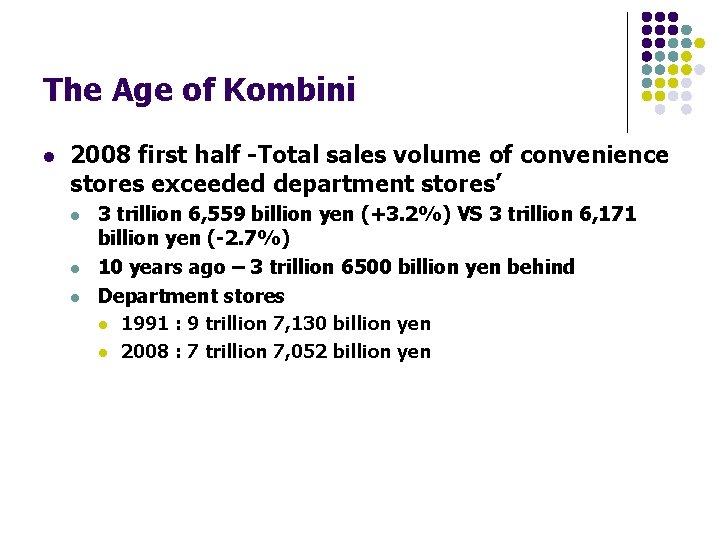The Age of Kombini l 2008 first half -Total sales volume of convenience stores