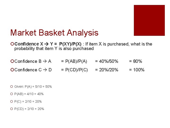 Market Basket Analysis ¡ Confidence X Y = P(XY)/P(X) : If item X is