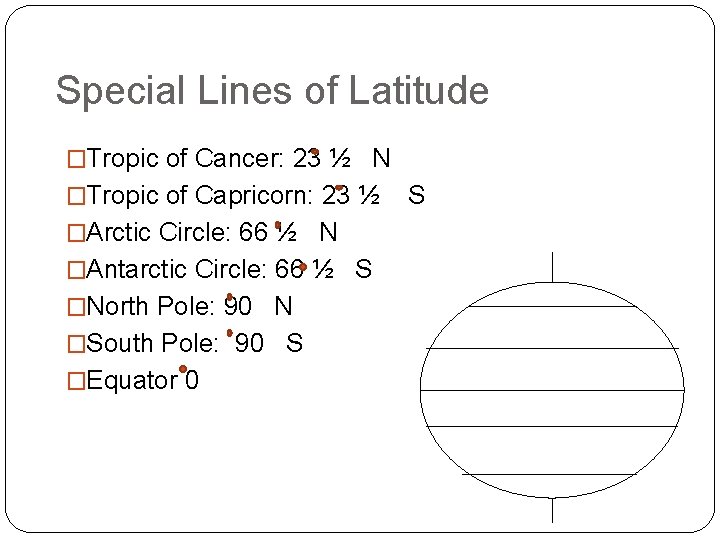 Special Lines of Latitude �Tropic of Cancer: 23 ½ N �Tropic of Capricorn: 23