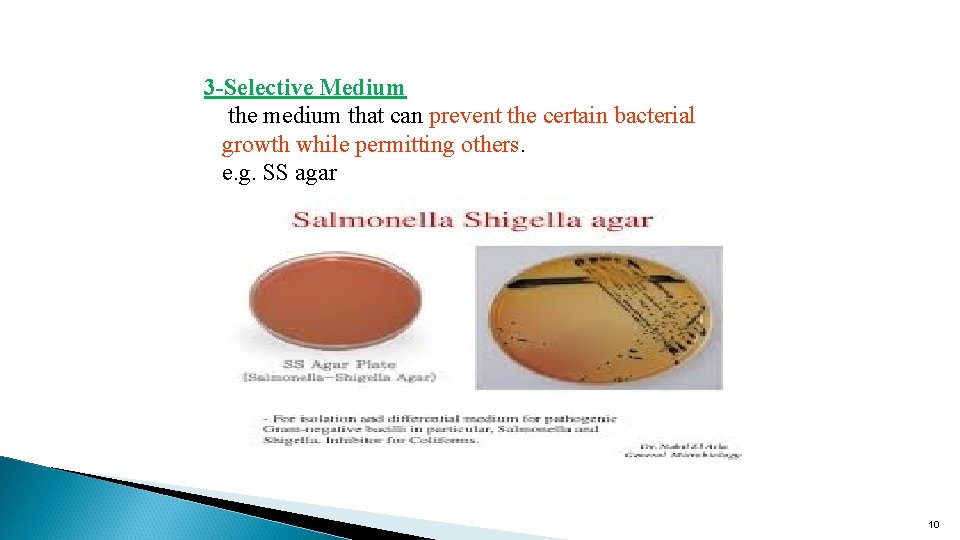 3 -Selective Medium the medium that can prevent the certain bacterial growth while permitting