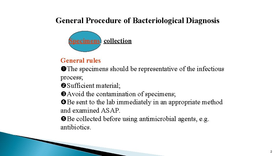 General Procedure of Bacteriological Diagnosis Specimens collection General rules The specimens should be representative