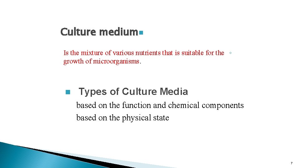 Culture mediumn Is the mixture of various nutrients that is suitable for the ◦