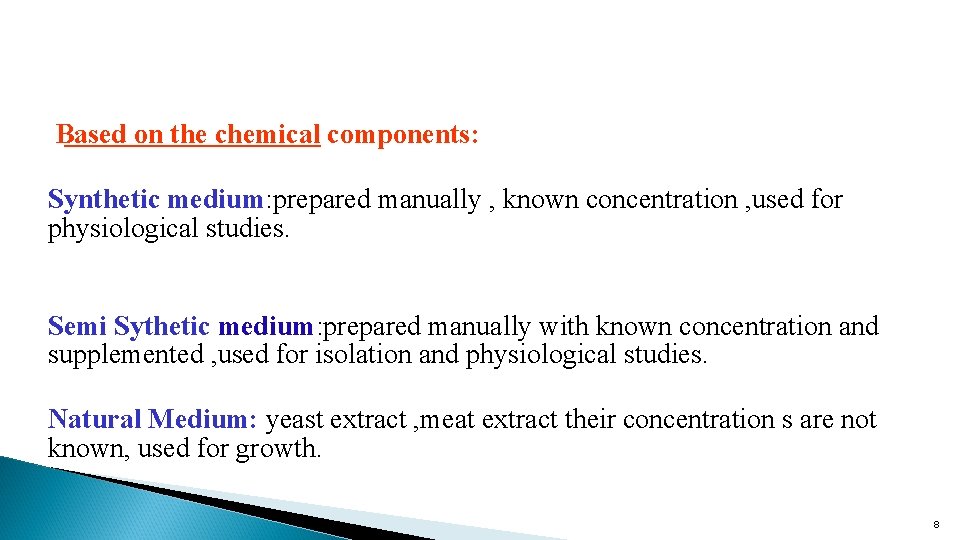 Based on the chemical components: Synthetic medium: prepared manually , known concentration , used