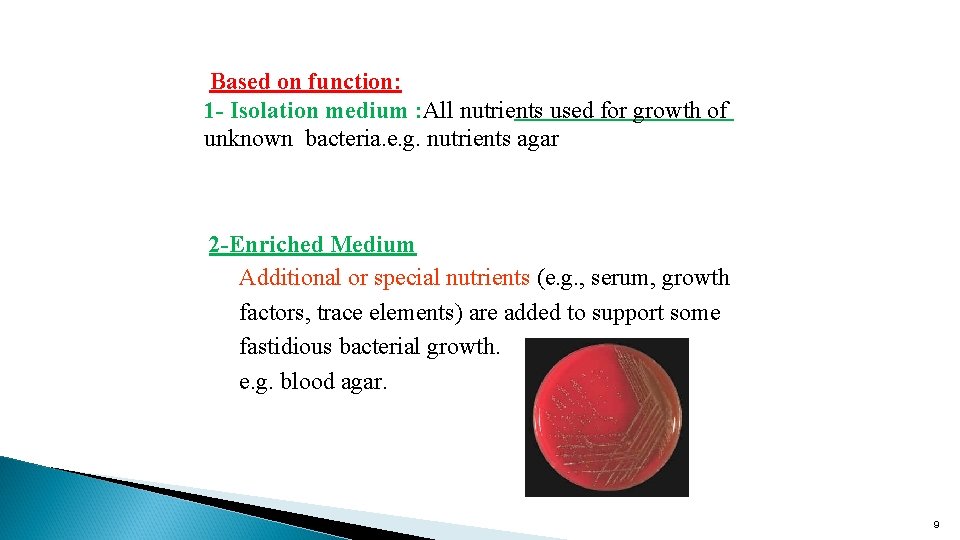 Based on function: 1 - Isolation medium : All nutrients used for growth of