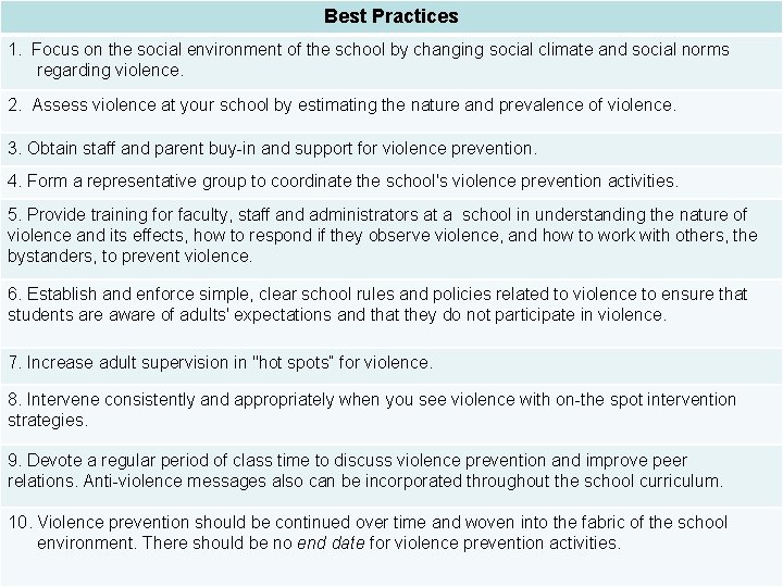 Best Practices 1. Focus on the social environment of the school by changing social