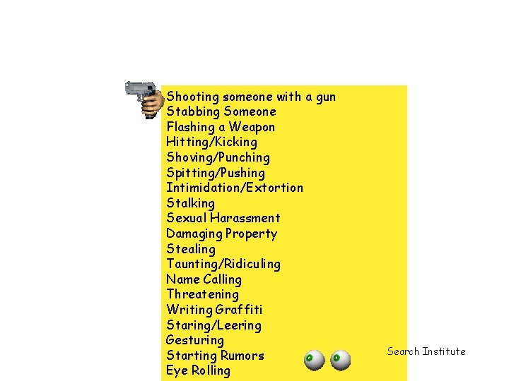 Shooting someone with a gun Stabbing Someone Flashing a Weapon Hitting/Kicking Shoving/Punching Spitting/Pushing Intimidation/Extortion