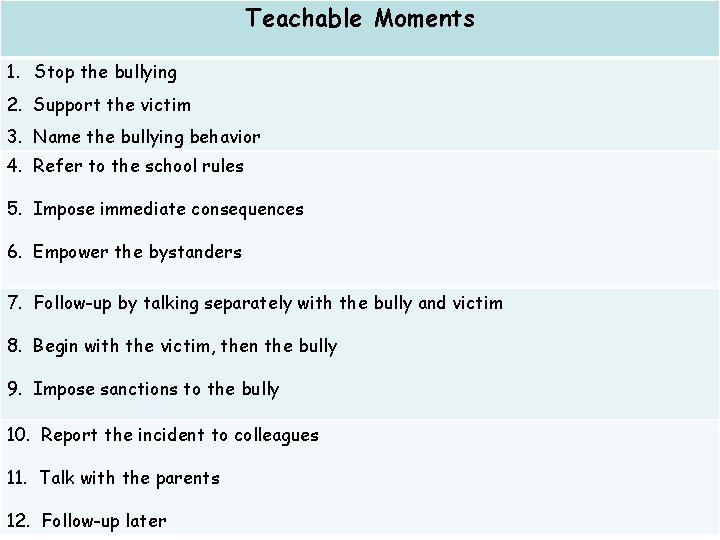 Teachable Moments 1. Stop the bullying 2. Support the victim 3. Name the bullying