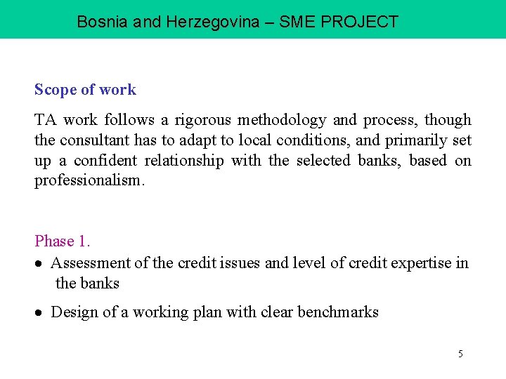 Bosnia and Herzegovina – SME PROJECT Scope of work TA work follows a rigorous